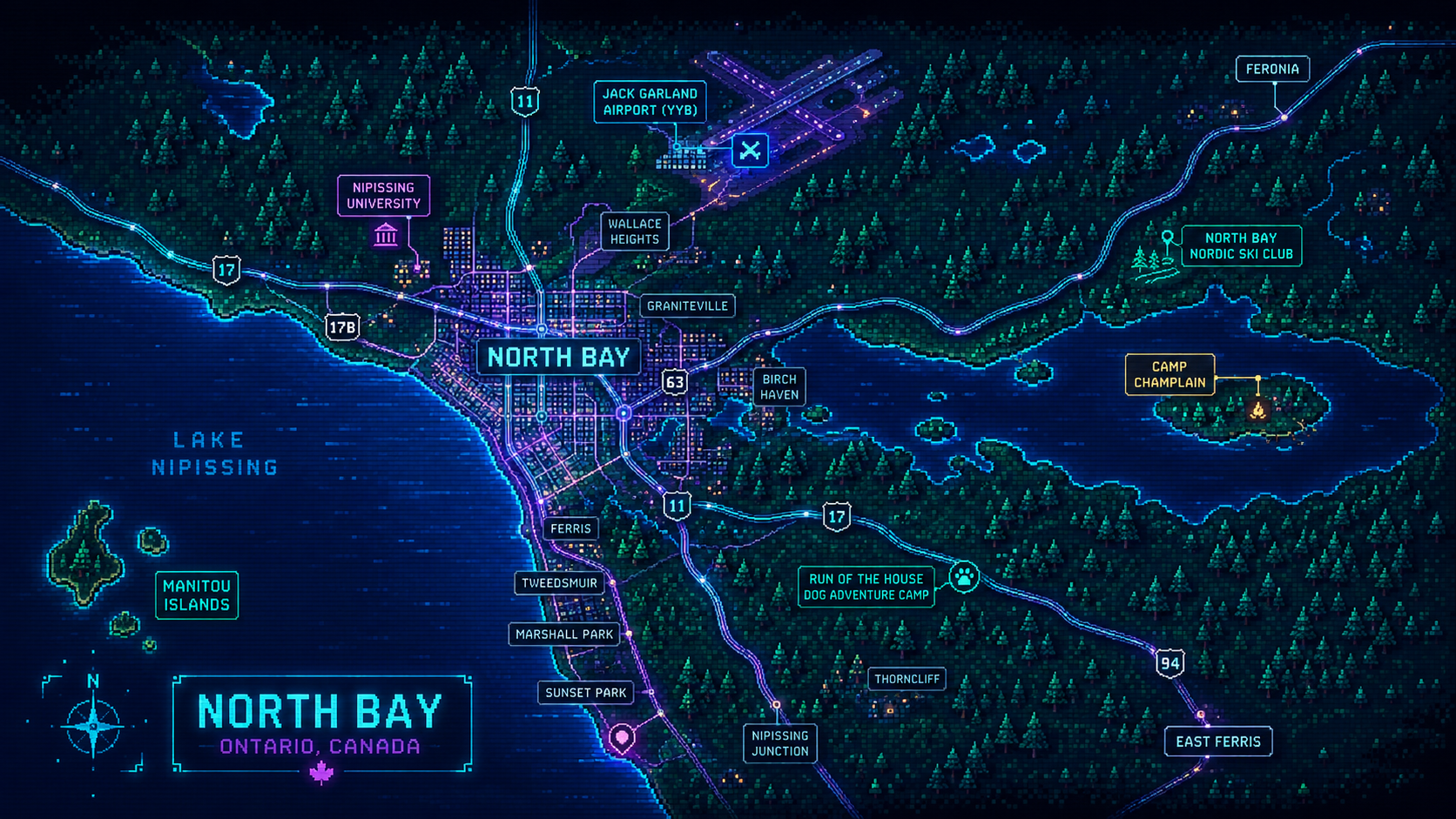 Pixel-art map of North Bay, Ontario